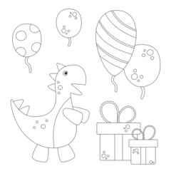 Birthday coloring page. Dinosaur, tyrannosaurus rex. Printout for preschoolers. Children's party, gifts, balloons. Black and white illustration. Entertainment, surprises, shows, events.