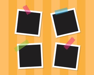 Four photo frames are stuck on the wall with colorful tape concept vector background.