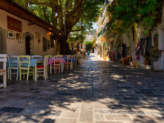 Empty tables of gastronomy in the small town of Kritsa on the Greek island of Crete