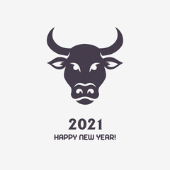 Black stylized bull head silhouette with happy new year 2021 title. Vector greeting card for new year with ox head and greeting text on white background.