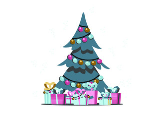 Christmas tree and other holiday details. Childish hand-drawn scandinavian style. Vector illustration