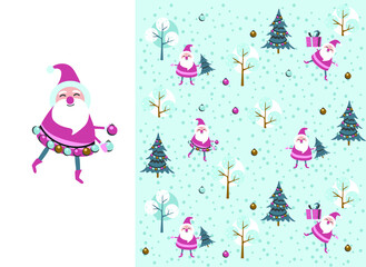 Santa toy pattern, Christmas tree and other holiday details. Childish hand-drawn scandinavian style. Vector illustration