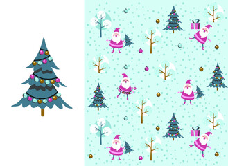 Santa toy pattern, Christmas tree and other holiday details. Childish hand-drawn scandinavian style. Vector illustration
