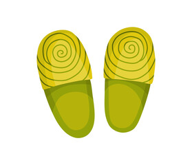 Home footwear slippers. Soft comfortable slip on shoe for home. Pair slippers, textile domestic outfit element or garment shoes soft fabric