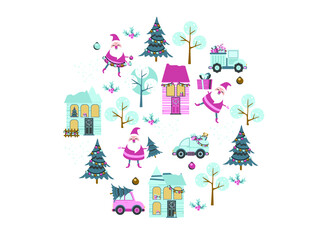 Santa toy pattern, Christmas tree and other holiday details. Childish hand-drawn scandinavian style. Vector illustration