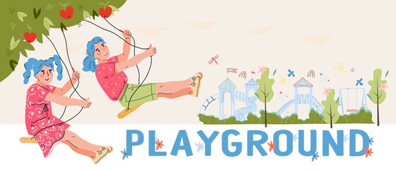 Children playground banner  or flyer template  with little girls swinging on swing. Kids playground  and outdoor entertainments  poster template for amusement park, flat cartoon vector illustration.