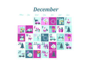 holiday advent calendar for december. winter illustration in flat style