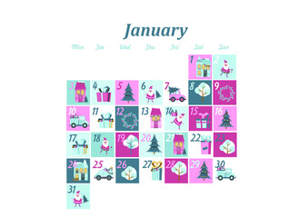 holiday calendar for january. winter illustration in flat style
