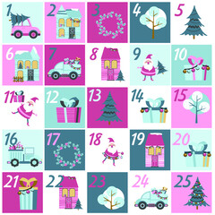 holiday advent calendar. winter illustration in flat style