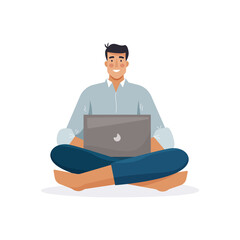Man work with computer. Freelancer with laptop. Flat cartoon style. Vector illustration