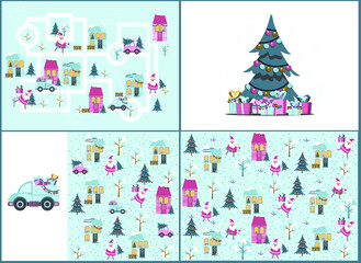 Christmas patterns set. Collection of backgrounds in pastel pink colors. Christmas tree, gifts, toys. Vector illustration