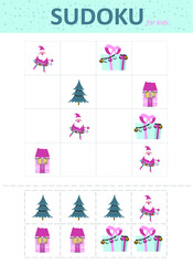 Sudoku for kids. Sudoku with a Christmas tree, gifts, toys, balls and flashlights.. Children's puzzles. Educational game for children.