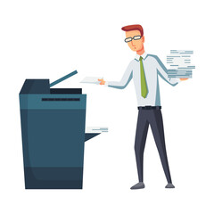 Office documents copier. Office worker prints documents on the copier. Man works on a photocopier. Concept of office work