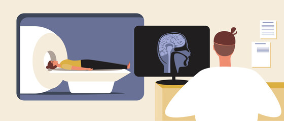 MRI clinic, patient brain, flat vector stock illustration with computer tomogram or MRI and patient health