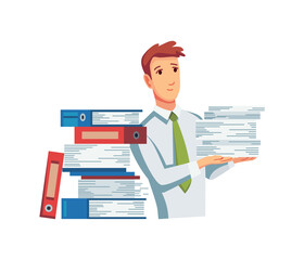 Office documents from copier. Office worker with stack of documents. Concept man of office work