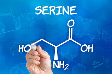 Hand with pen drawing the chemical formula of serine
