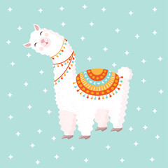 Festive llama or alpaca on a blue background with stars. Vector illustration for baby texture, textile, fabric, poster, greeting card, decor. Character design. © Irina Anashkevich