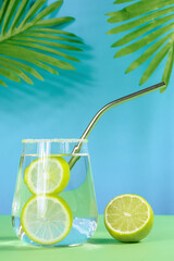 Homemade lemonade on green-blue background with palm leaves and lemon. Vertical