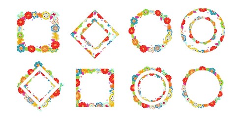 Floral wreath set, multicolor rectangular and round doodle frames, made of flower, star, cloud shapes. Copy space hand-drawn design elements