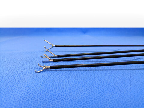 Laparoscopic Surgical Instrument Tip. Selective Focus To Grasper Forceps Tip