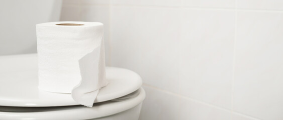 The toilet paper is on the toilet flush at home.