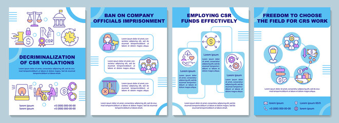 Decriminalization of CSR violations brochure template. Flyer, booklet, leaflet print, cover design with linear icons. Vector layouts for presentation, annual reports, advertisement pages