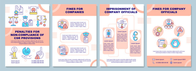 Naklejka premium CSR non-compliance penalties brochure template. Breach consequences. Flyer, booklet, leaflet print, cover design with linear icons. Vector layouts for presentation, annual reports, advertisement pages