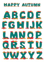 fall vector alphabet letters in flat style, blue font decorated with colorful leaves in autumn colors