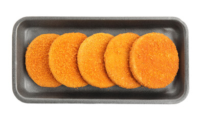 Uncooked breaded cutlets on white background, top view. Freshly frozen semi-finished product
