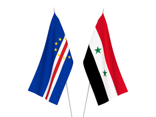 National fabric flags of Republic of Cabo Verde and Syria isolated on white background. 3d rendering illustration.
