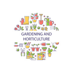 Gardening and horticulture abstract color concept layout with headline. Horticulture creative idea. Seedling and sapling in backyard. Isolated vector filled contour icons for web background