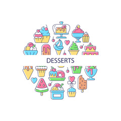 Desserts abstract color concept layout with headline. Sweets collection creative idea. Patisserie products. Cafe menu for desserts. Isolated vector filled contour icons for web background