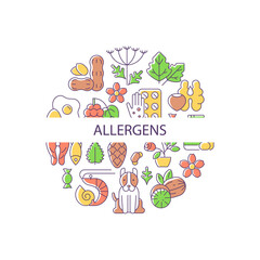Allergens abstract color concept layout with headline. Allergy reaction reasons creative idea. Pharmaceutical drugs for rush sources. Isolated vector filled contour icons for web background
