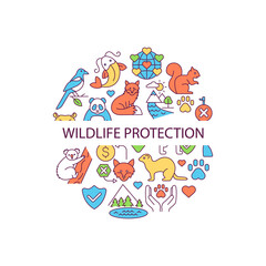Wildlife protection abstract color concept layout with headline. Animal welfare creative idea. Save pets from cruelty. Biodiversity protection. Isolated vector filled contour icons for web background