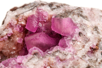 Macro mineral stone Cobalt Calcite rock on white background