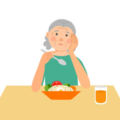 Senior woman feel not hungry concept vector illustration on white background. Old female unable to eat. No appetite.