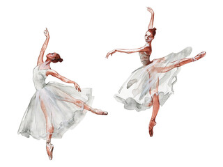 Watercolor isolated dancing ballerinas. Hand drawn classic ballet performance. Painting set of young women in white dress. - obrazy, fototapety, plakaty