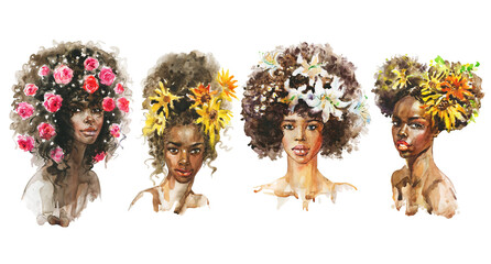 Watercolor portrait of African women with flowers. Painting set with ladies and roses, sunflowers, lilies. Hand drawn fashion illustration on white background. - 453285142