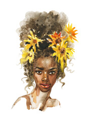 Hand drawn young African woman with sunflowers. Watercolor fashion portrait on white background. Painting realistic illustration. - 453285159
