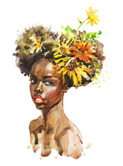 Watercolor portrait of African woman with Sunflowers. Hand drawn fashion illustration on white background. - 453285164