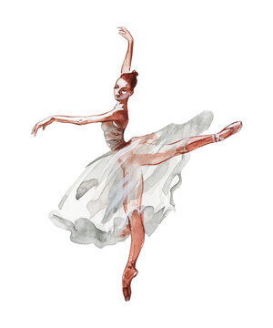 Watercolor isolated dancing ballerina. Hand drawn classic ballet performance. Painting young dancer woman in white dress.
