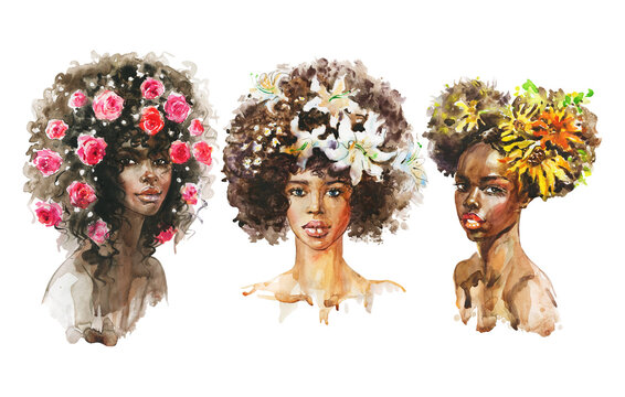Watercolor portrait of African women with flowers. Painting set with ladies and roses, lilies, sunflowers. Hand drawn fashion realistic illustration on white background.