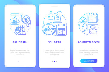 Maternity leave entitlement cases blue gradient onboarding mobile app page screen. Walkthrough 3 steps graphic instructions with concepts. UI, UX, GUI vector template with linear color illustrations
