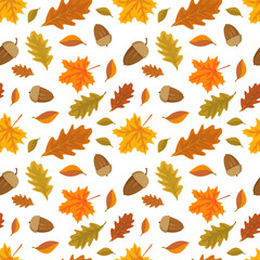 Seamless pattern with acorns and orange maple and oak leaves. Bright autumn print with nature and forest plants