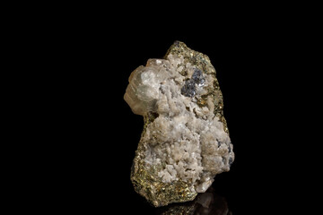 Macro of a mineral stone Sphalerite with fluorite and pyrite on a black background close up
