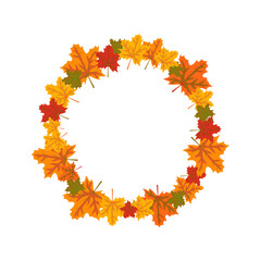 Round frame with orange and yellow maple leaves. Bright autumn wreath with gifts of nature with empty space for text
