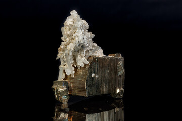 Macro mineral stone Pyrite in quartz on a black background