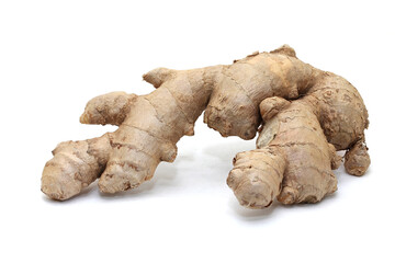 Fresh ginger root on a white background