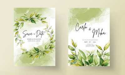 Wedding invitation Card template with beautiful greenery leaves in alcohol ink background