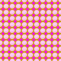 Seamless wallpaper with pink happy smiley face icons on a brown background, for fabric and cute product designs.
